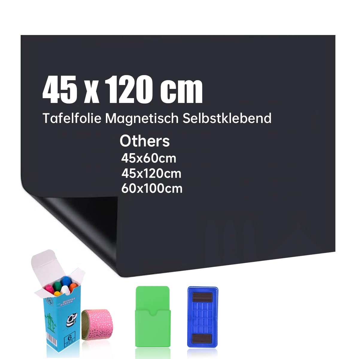 Magnetisch Selbstklebend Tafelfolie 45x120cm,OOMast DIY Magnettafel, Inklusive staubfreier Kreide und Schwamm, Wandfolie